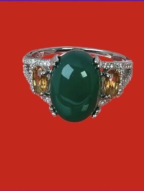 925 Sterling Silver Ring with Natural Green Onyx & Citrine Gems